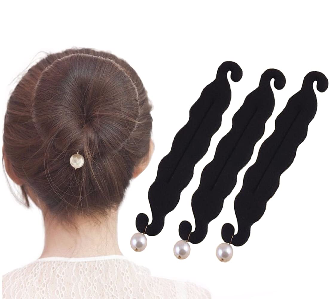 3 Pcs Black Foam Hair Bun Maker with Pearl Pendant - Magic Sponge Bun Shaper for Women & Girls - Perfect for Ballet, Chignon, and Elegant Updos - Hair Donut Twister for Easy Styling at Home, Parties, and Special Events