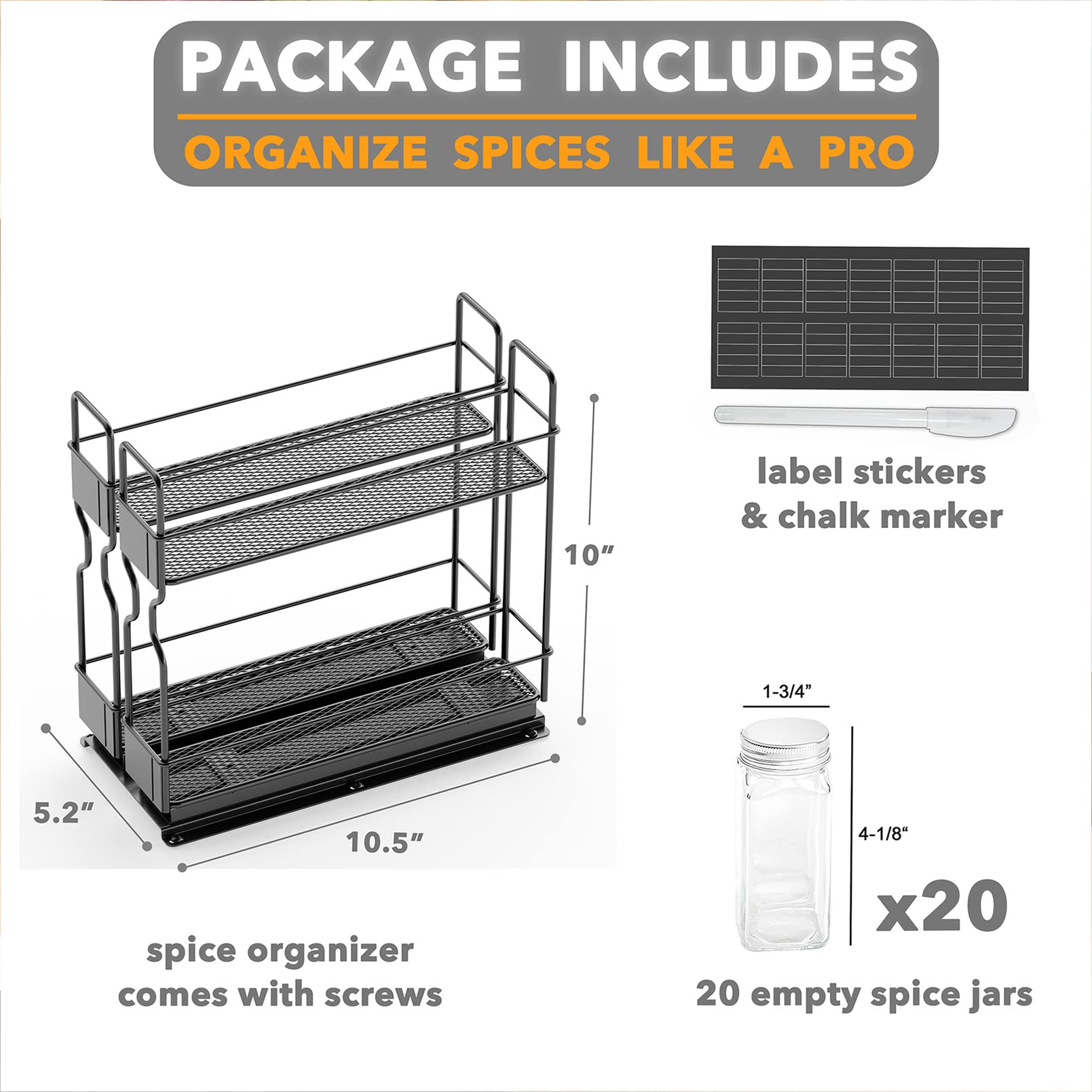 SpaceAid Pull-Out Spice Rack Organizer with 20 Jars - 2-Tier Slide-Out Cabinet Organizer for Kitchen, Includes Labels (5.2