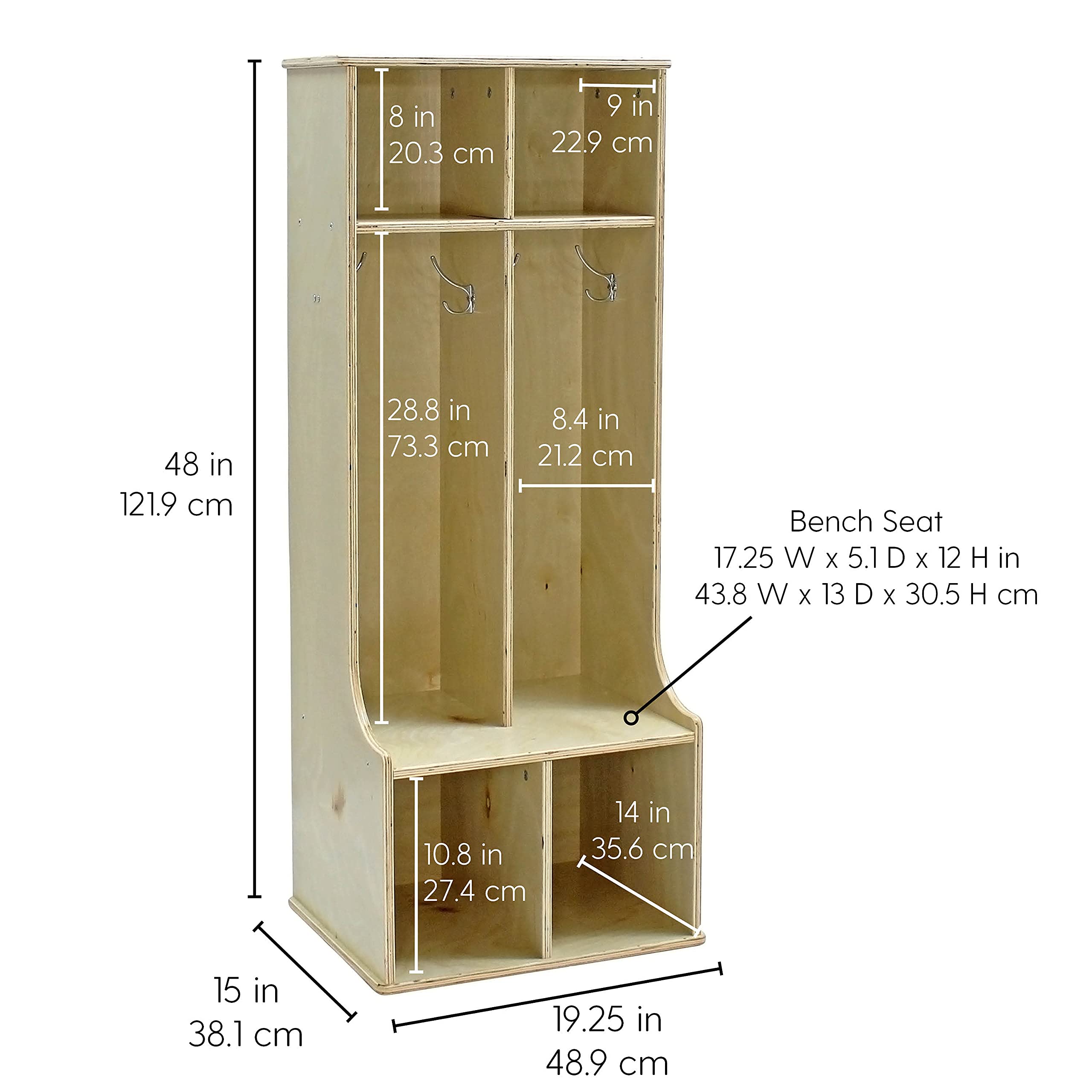 Factory Direct Partners 13138-NT Natural Birch 2-Section Coat Locker with Bench, Storage Cubbies & Hooks - School, Office, Gym Entryway Organization Solution