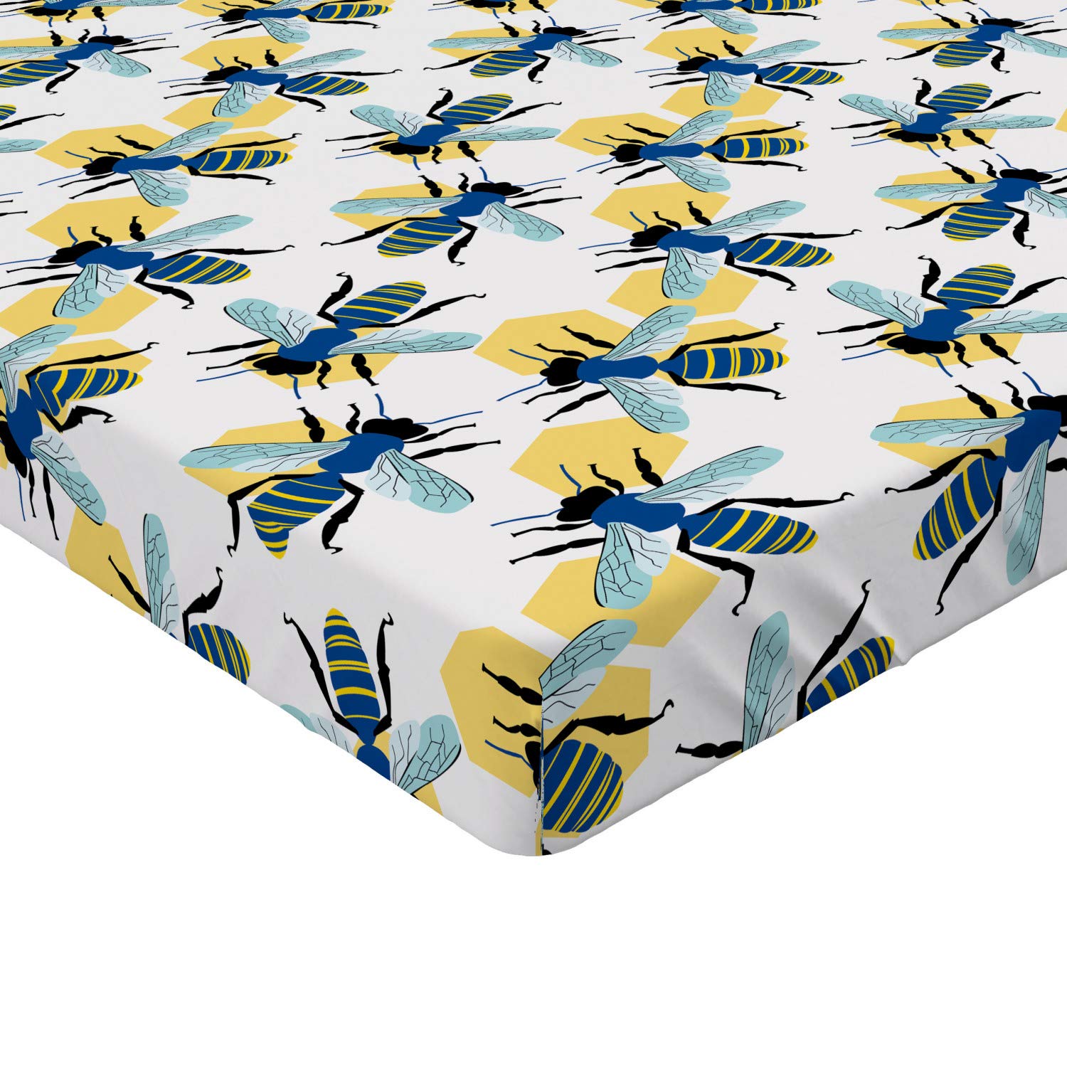 Ambesonne Queen Bee Fitted Sheet - Cartoon Style High Detail Bee & Hive Design, Deep Pocket Elastic Queen Size Bed Sheet (White & Blue) for Cozy Bedroom Decor | Perfect for Kids Rooms, Bee-Themed Nurseries & Spring Home Decor