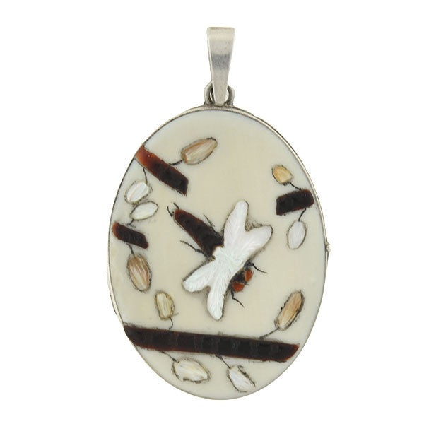 Vintage Silver Japanese Shibayama Dragonfly Motif Locket Pendant Necklace - Elegant Jewelry Gift for Women, Perfect for Weddings, Anniversaries & Special Occasions