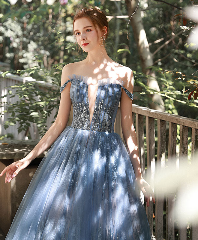 Elegant Blue Tulle Sequin Off-Shoulder Long Prom Dress for Evening Gala & Formal Events | Perfect for Homecoming, Wedding Guest & Special Occasions