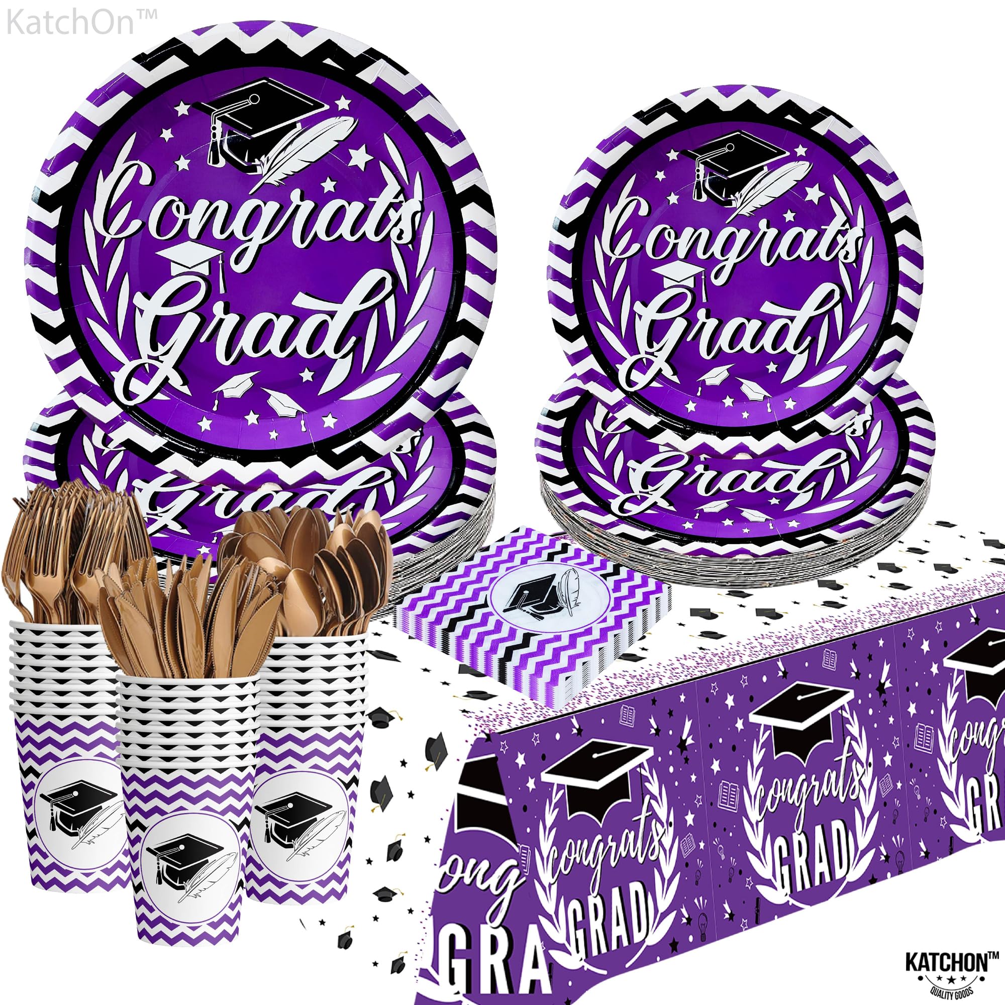 KatchOn 2024 Graduation Party Supplies Kit - 176-Piece Set (Plates, Napkins, Cups, Tablecloth) for 25 Guests | Purple Graduation Decorations 2025 | Perfect for High School & College Grad Parties, Commencement Celebrations & Graduation Dinners