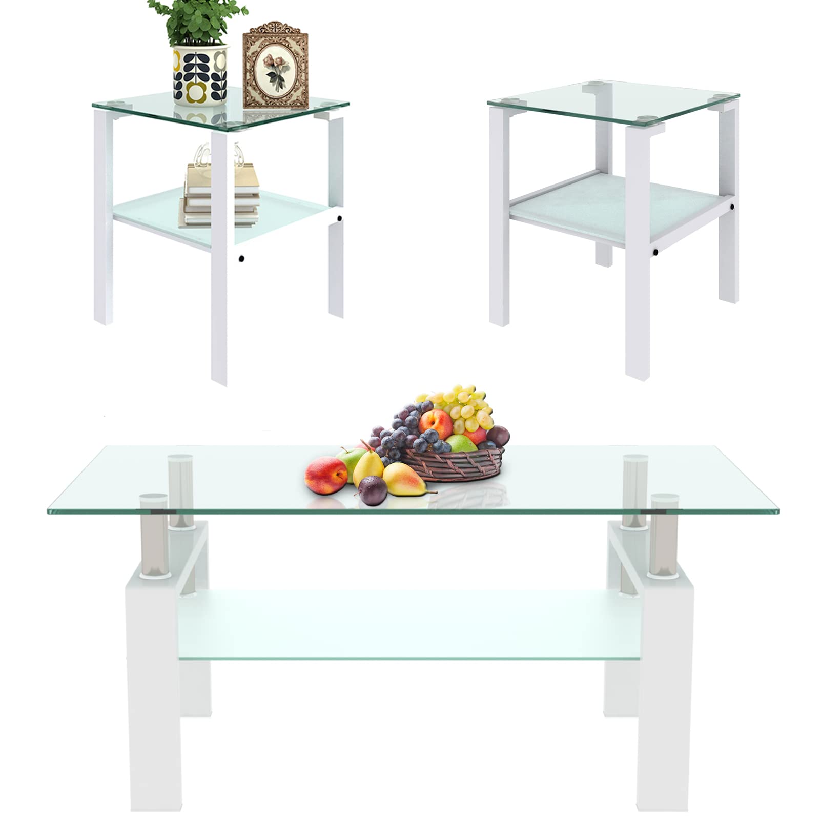 Modern Glass Coffee Table Set of 3 - Living Room End Tables with Storage, Black Metal Leg Rectangle Center Table - Tempered Glass Sofa Side & Corner Tables for Home Decor (White) | Perfect for Small Spaces, Apartments & Contemporary Living Rooms