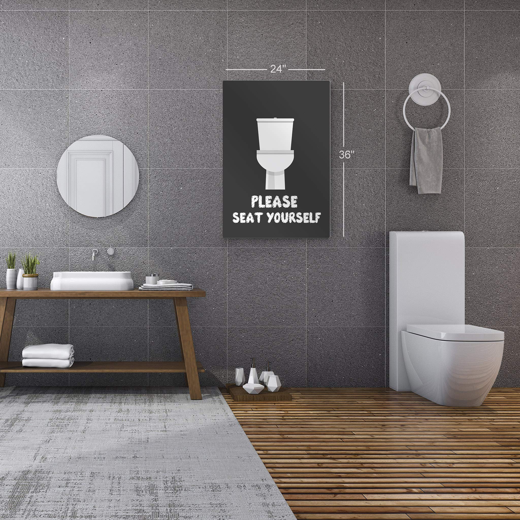 Funny Bathroom Sign - 'Please Seat Yourself' Metal Print Wall Art | 24x16 Inches | Ready to Hang Bathroom Decor | Humorous Toilet Wall Art for Home Decoration | Made in USA | Perfect for Powder Rooms, Guest Baths & Home Decor Gifts