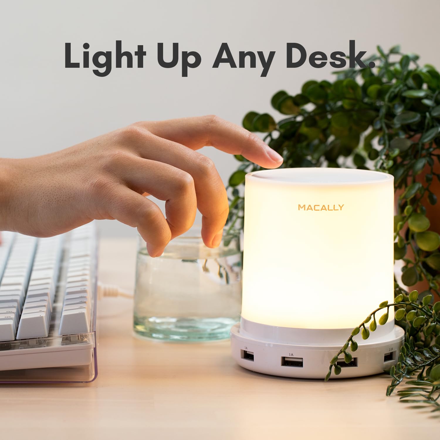 Macally Small Touch Nightstand Lamp with USB Port - 3-Way Dimmable Bedside Table Lamp for Small Spaces - Perfect as Night Light & Phone Charger in Bedroom, Office, or Nursery