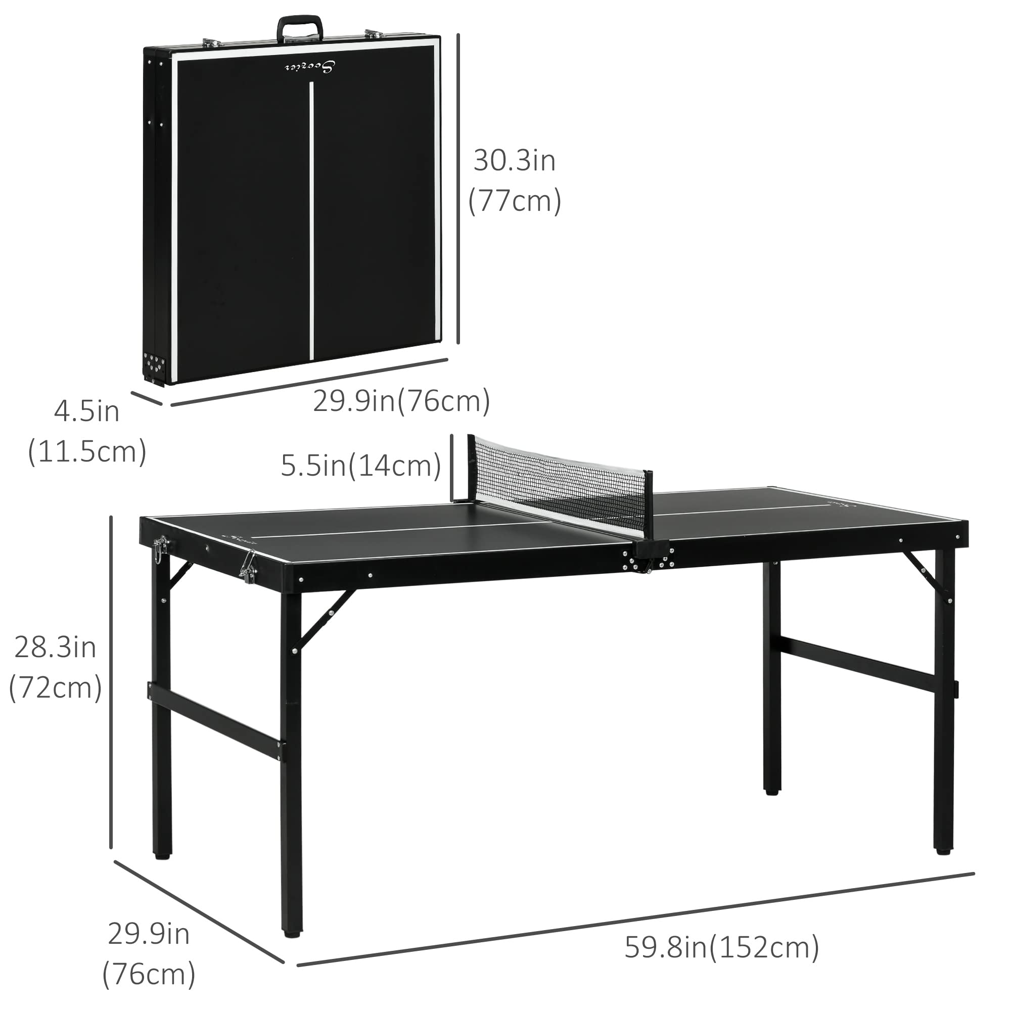 Soozier Mini Folding Table Tennis Table with Aluminum Frame - Portable Ping Pong Table with Net for Indoor & Outdoor Use - Perfect for Garden, Camping, Backyard, and Family Game Nights (Black)