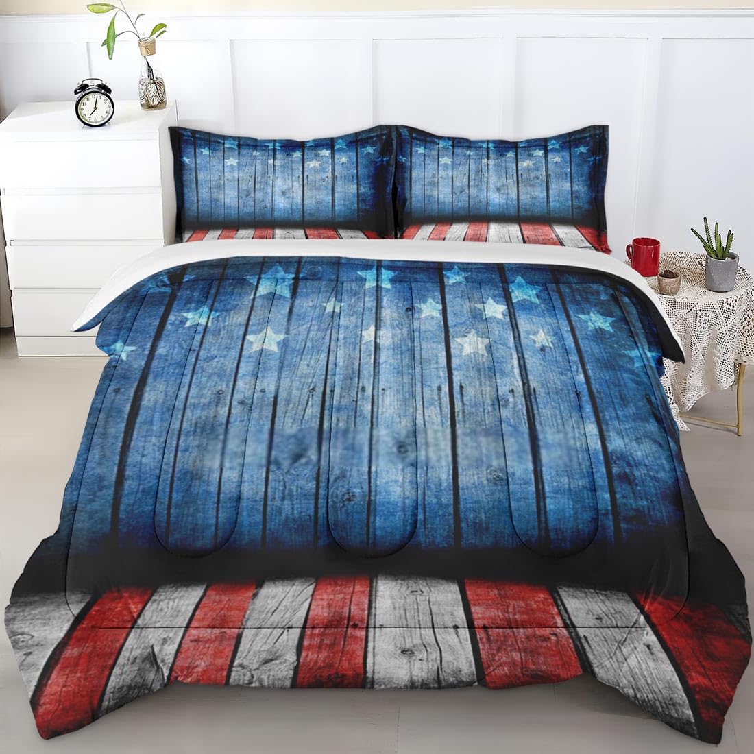 4th of July Patriotic Comforter Set Queen Size - Rustic Wooden American Flag Bedding Set with 2 Pillowcases for Kids & Adults - Perfect for Independence Day Decor, Bedroom Makeover, and Cozy Seasonal Home Styling