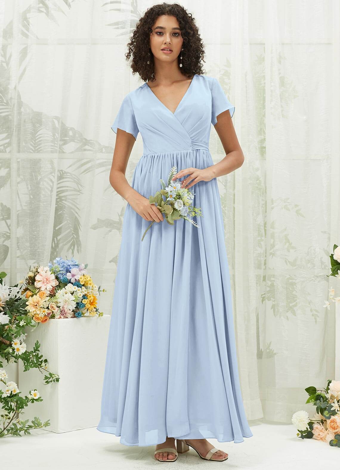 Cornflower Blue Chiffon Short Sleeve V-Neck Wrap Pleated Bridesmaid Dress - Elegant Wedding Party Attire for Bridesmaids, Formal Events & Special Occasions