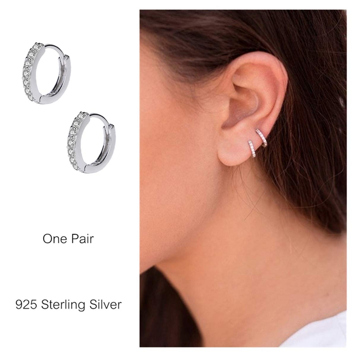 925 Sterling Silver Small Hoop Earrings with Cubic Zirconia - Cartilage & Huggie Earrings for Women & Men - Perfect for Everyday Wear, Parties & Gifts
