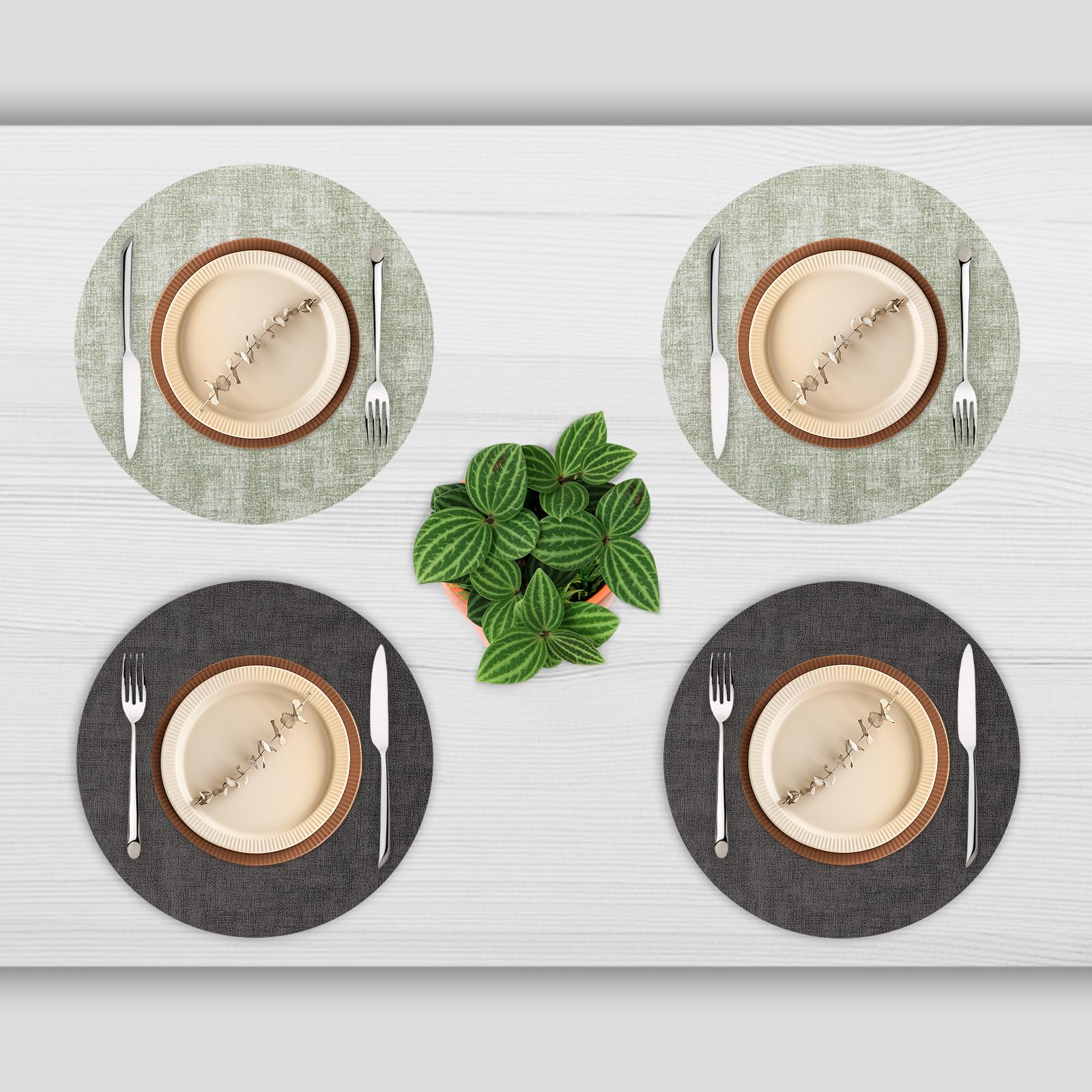Myir JUN Round Placemats Set of 4 - Dual Sided Faux Leather Table Mats for Dining, Non-Slip & Washable - Indoor/Outdoor Use - Perfect for Dinner Parties, Picnics, and Daily Dining (Gray Grass Green)