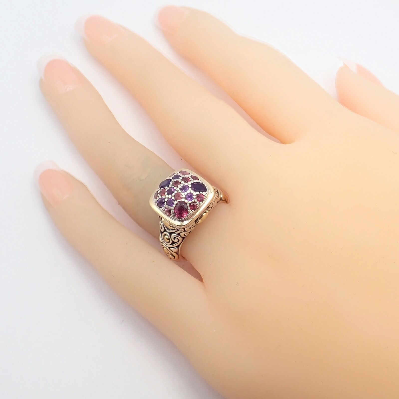 John Hardy JH Silver 18k Yellow Gold Classic Lava Fire Amethyst Tourmaline Ring for Women - Elegant Jewelry Gift for Anniversary, Wedding & Special Occasions