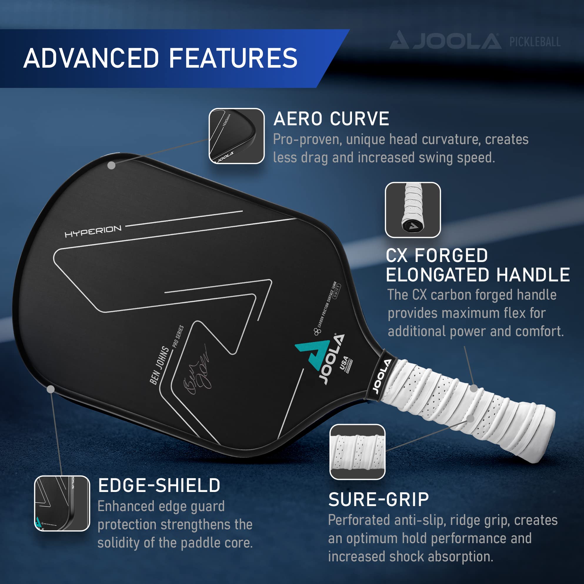 JOOLA Ben Johns Hyperion CFS Swift Pickleball Paddle - USAPA Approved Carbon Fiber Pickleball Racket for Tournament Play - High Grit Surface for Maximum Spin & Speed - Perfect for Competitive Players & Outdoor Games