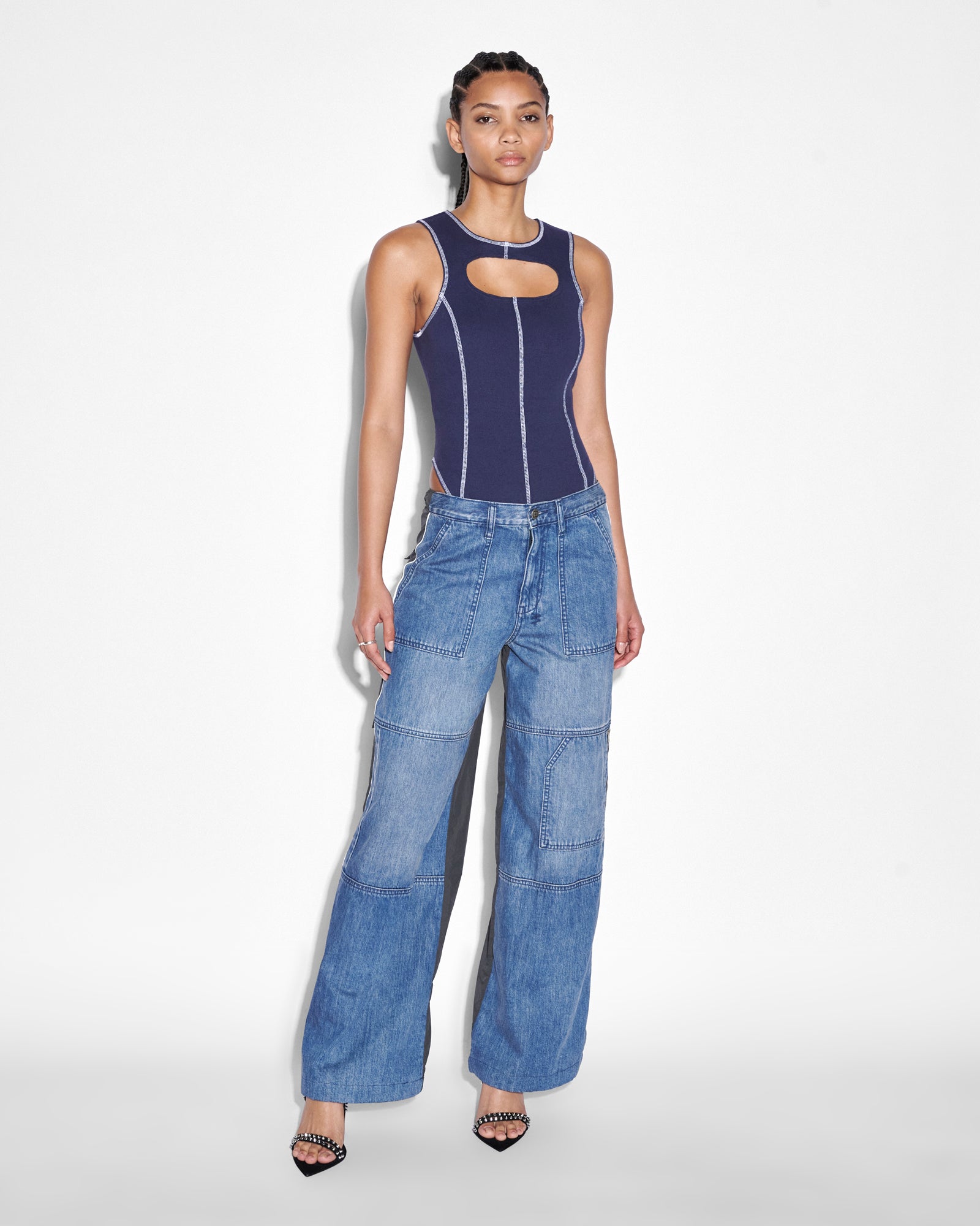 Stylish Baggy Jeans with Nylon Splice Detail - Trendy High Waist Loose Fit Denim Pants for Women - Perfect for Casual Outings, Streetwear, and Everyday Comfort