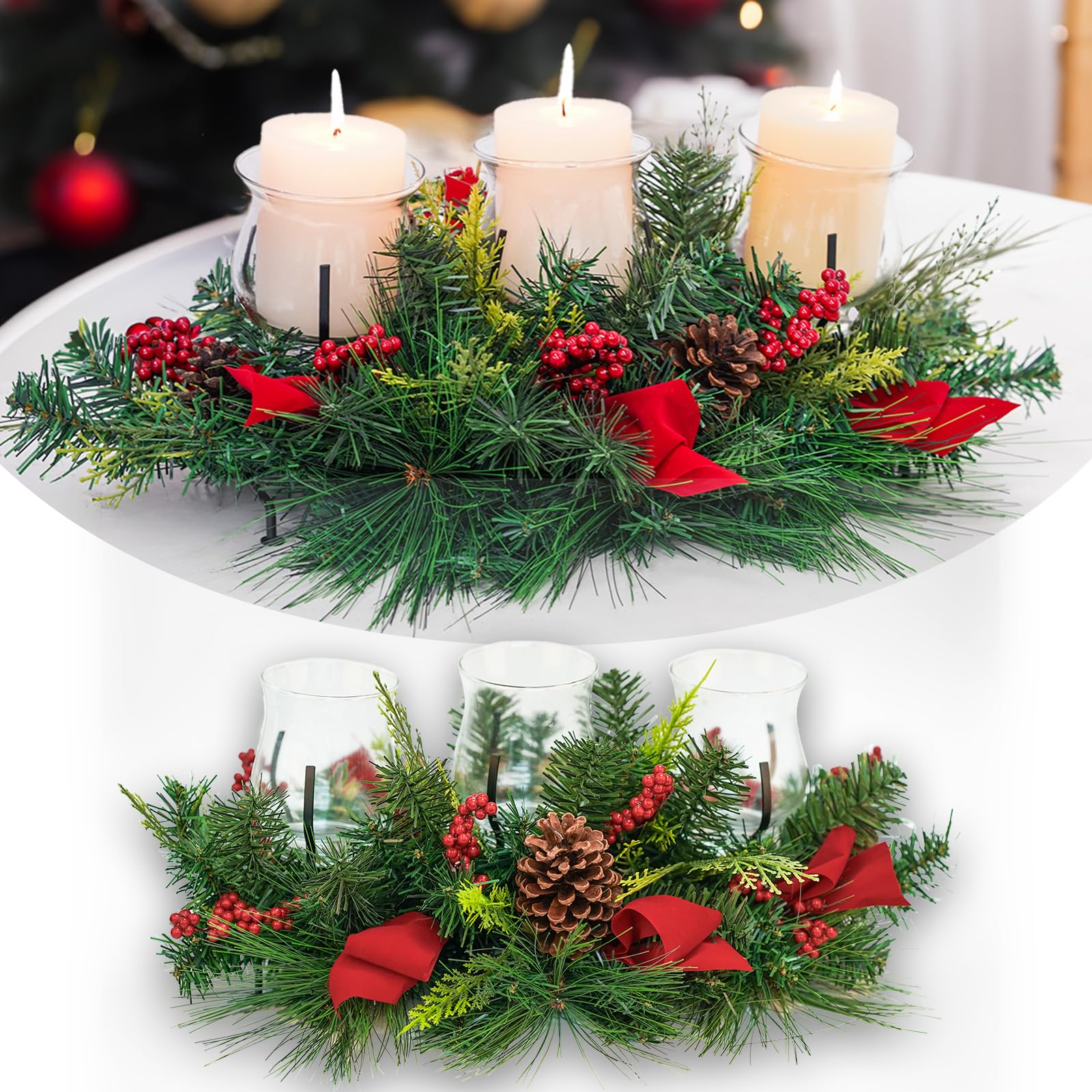 Christmas Candle Holder Set of 3 - Rustic Iron Evergreen Pinecone & Red Berry Centerpiece with Glass Cover - Holiday Table Decor for Home, Party, Wedding & Christmas Tree Decoration