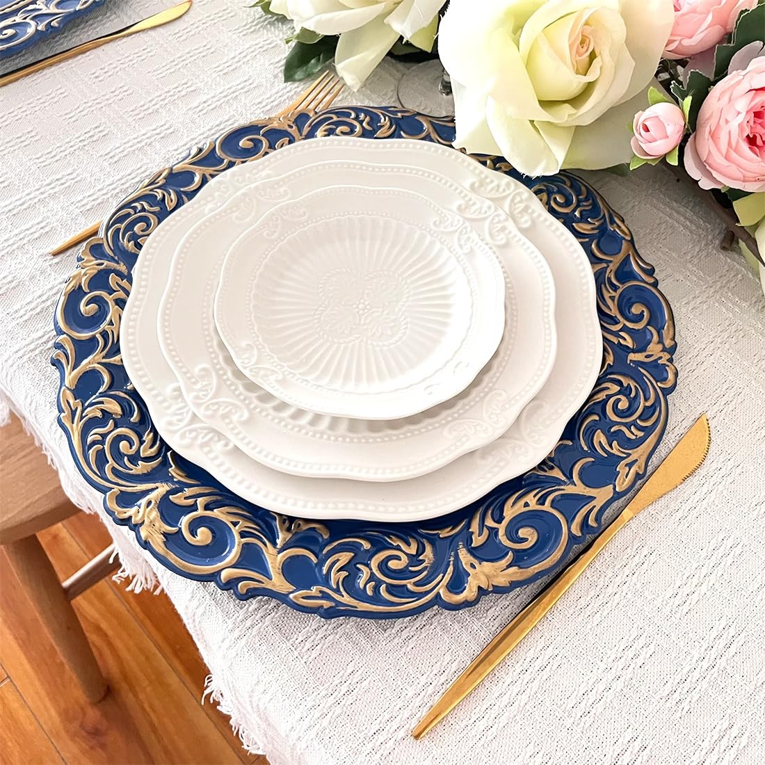 Antique Gold Rim Charger Plates - Set of 6 Royal Blue 13 Inch Round Plastic Embossed Dinner Chargers for Wedding, Party & Elegant Table Decor | Perfect for Formal Dining, Holiday Entertaining & Special Occasions