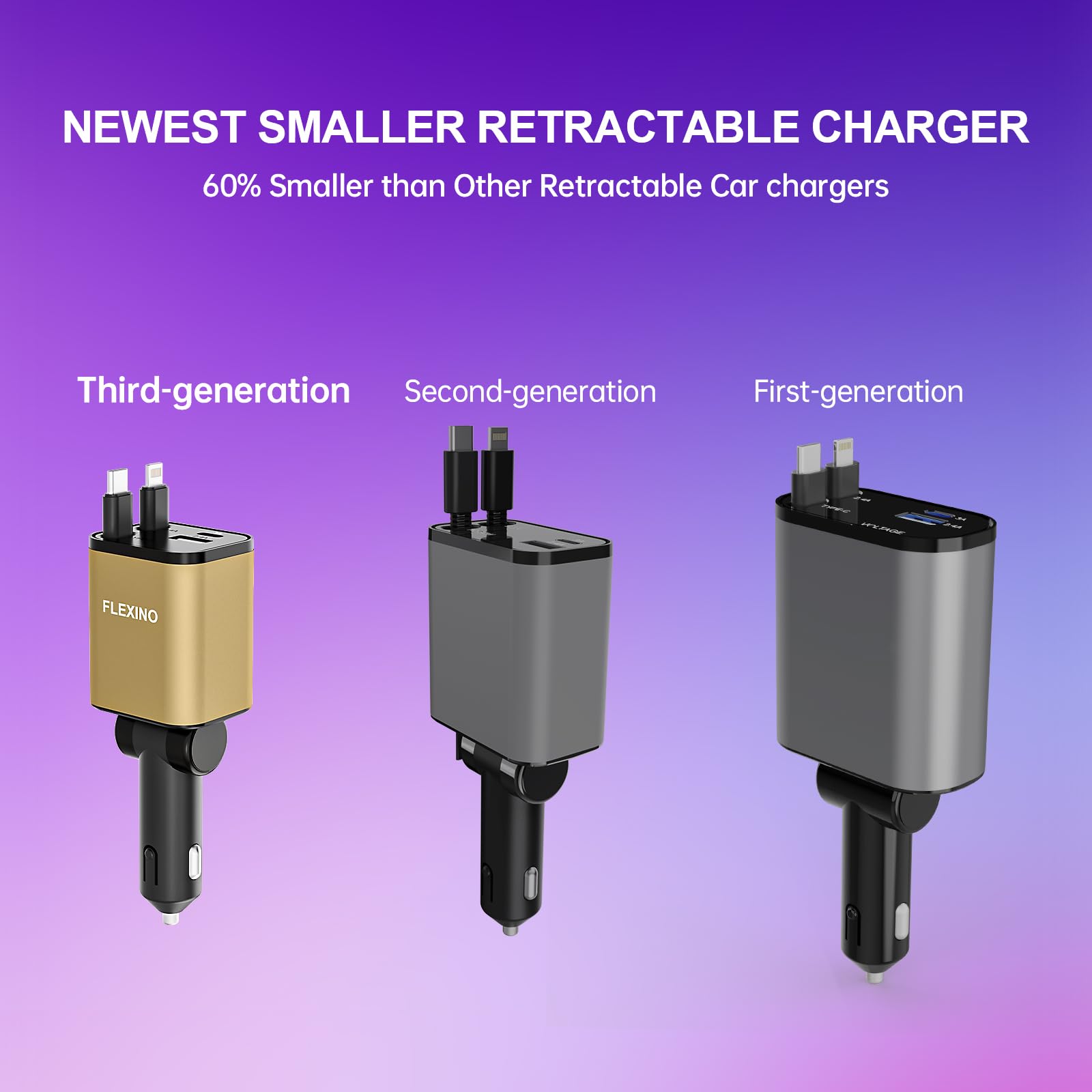 Flexino 69W 4-in-1 Retractable Car Charger with USB-C - Fast Charging for iPhone 16/15/14/13/12 & Samsung - Compact & Golden Design - Perfect for Road Trips & Daily Commutes