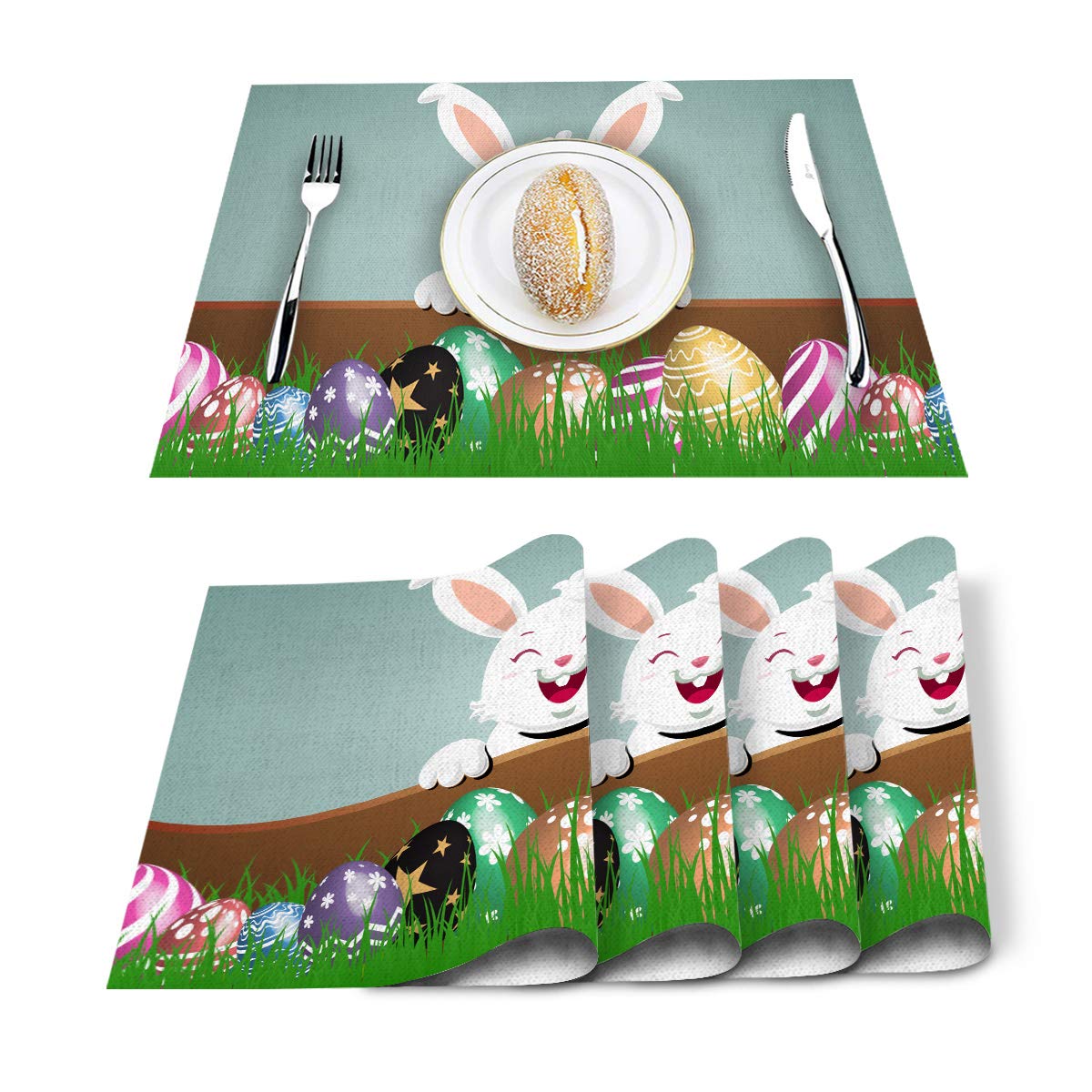 Easter Bunny & Colorful Eggs Burlap Placemats Set of 4 - 12x18 Inch Heat Resistant Linen Table Mats for Kitchen & Dining Room Decor - Perfect for Spring Celebrations, Easter Brunch, and Holiday Table Settings