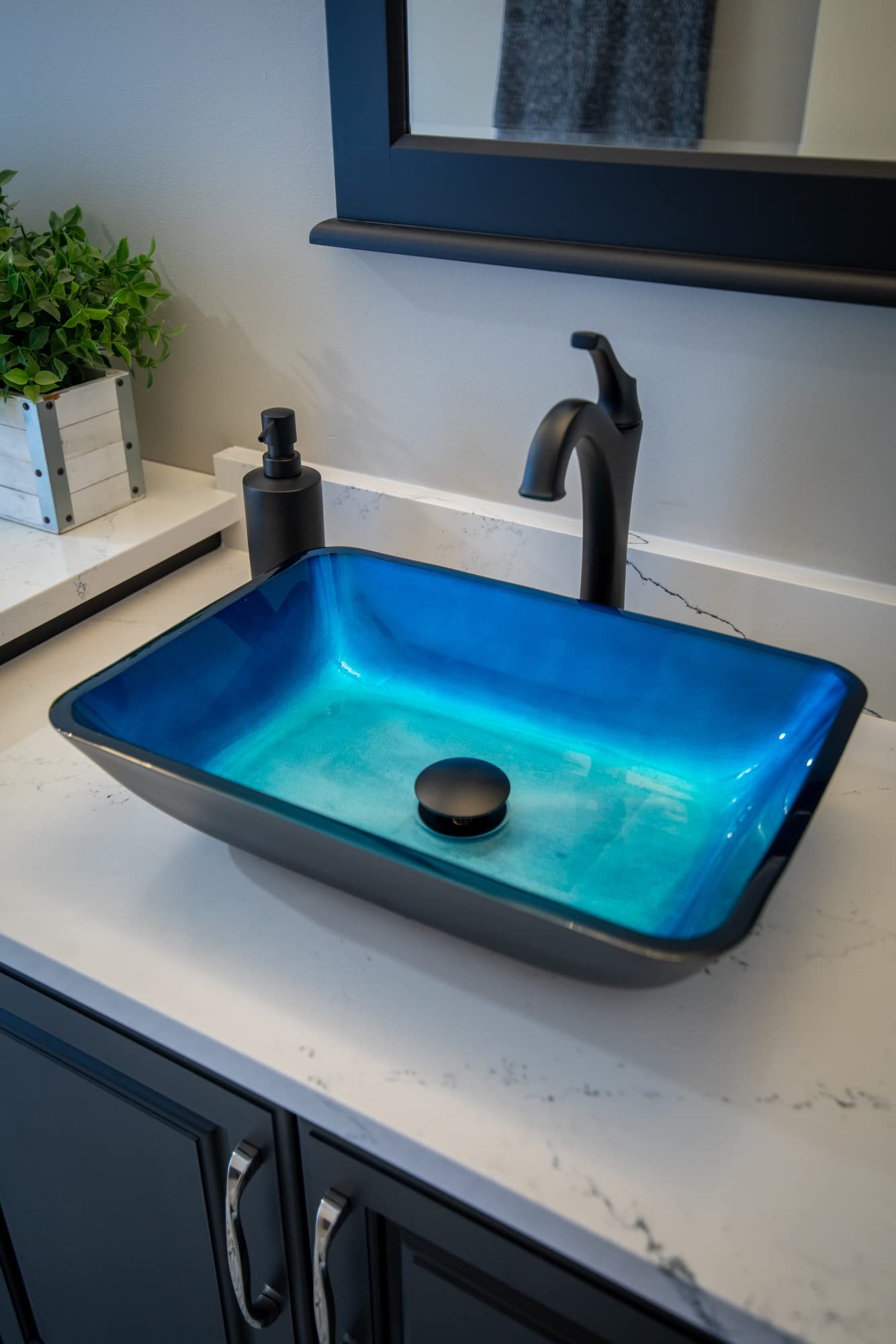 Modern Rectangular Turquoise Blue Foil Glass Vessel Bathroom Sink with Black Exterior - Perfect for Contemporary Vanities, Powder Rooms, and Luxury Home Decor