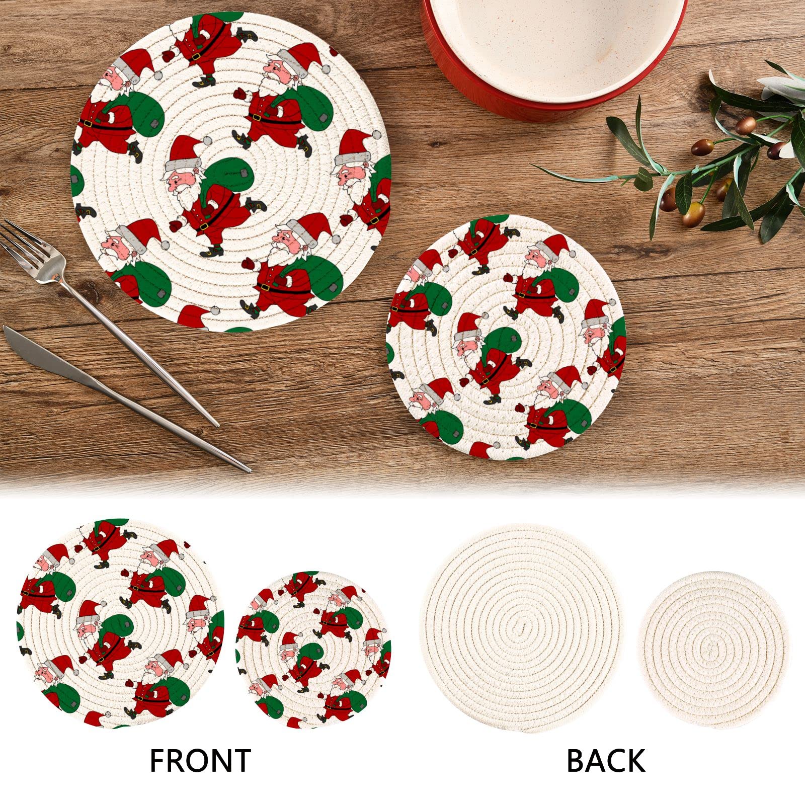 Christmas Santa Claus Pot Holders Set of 2 - Heat Resistant Round Cotton Kitchen Hot Pads for Cooking & Baking - Perfect Holiday Home Decor & Gift Idea