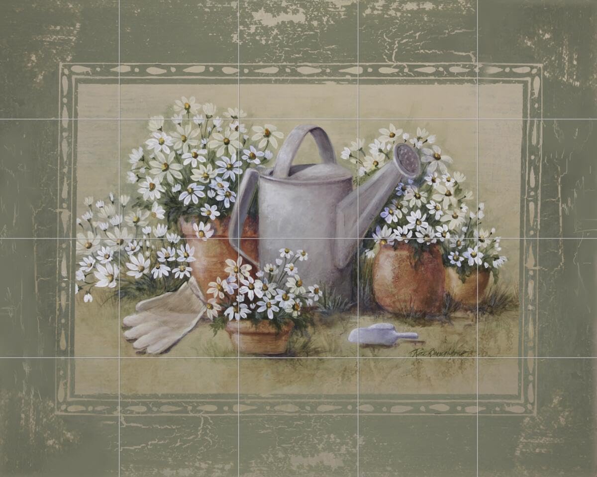 Ceramic Backsplash Tile Mural - Garden Landscape Design for Kitchen, Bathroom & Shower - Gardens Edge with Decorative Border by Rita Broughton - Perfect for Home Renovation and Interior Decor