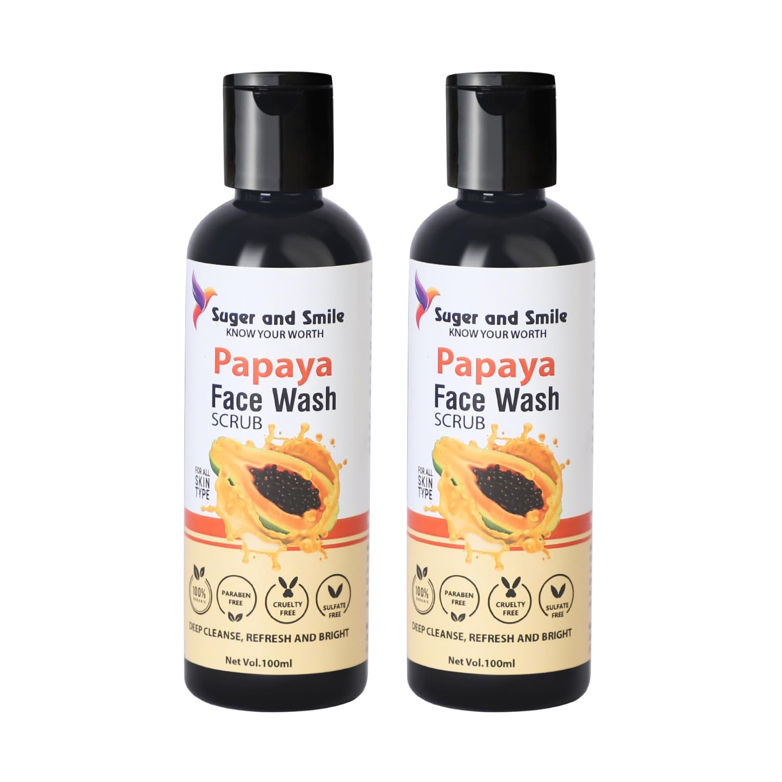Natural Papaya Face Wash & Scrub (2-Pack, 100ml Each) - Brightening, Exfoliating & Gentle Cleansing for Glowing Skin | Perfect for Daily Skincare Routine & Acne-Prone Skin