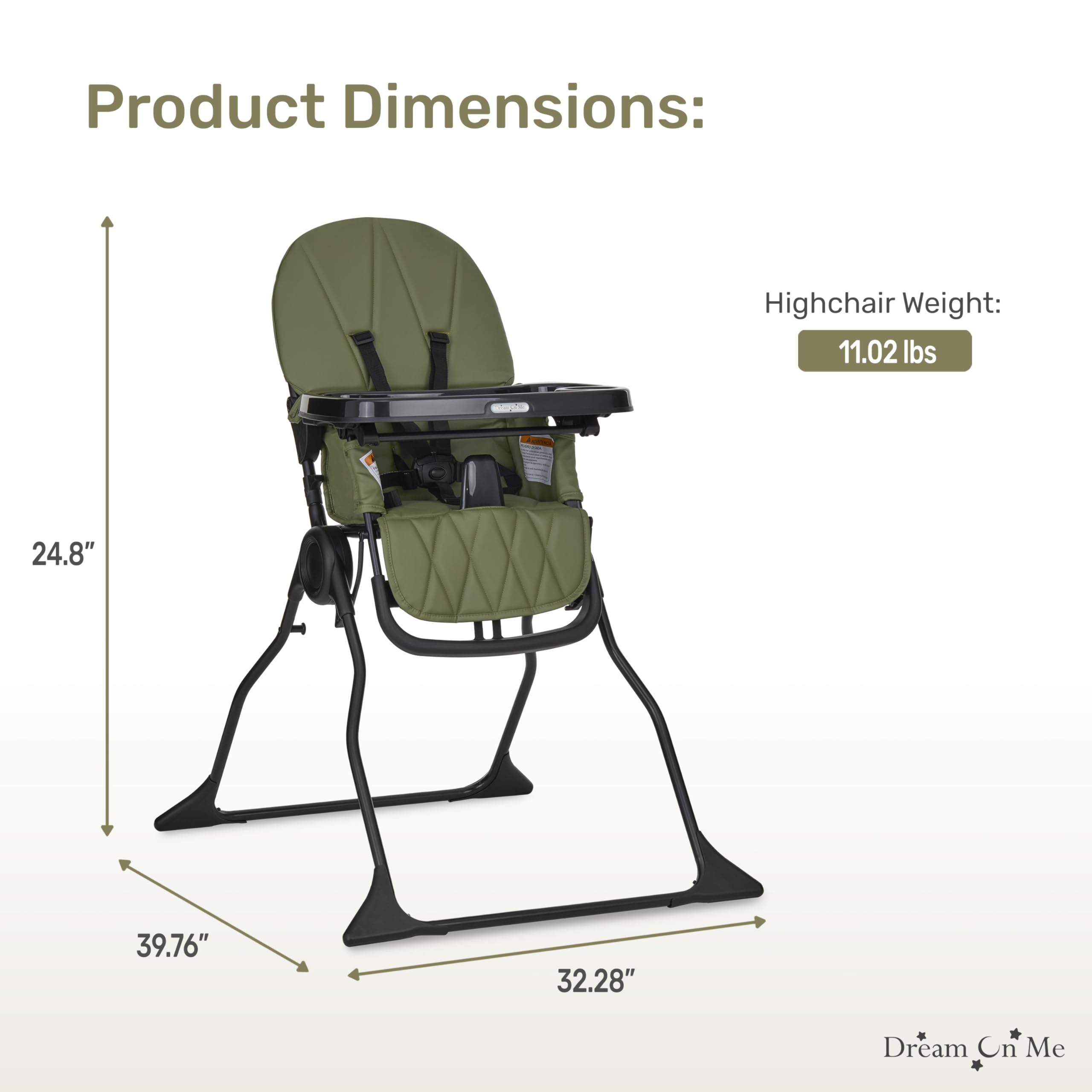 Dream On Me Snack and Stow Baby High Chair - Foldable Travel High Chair with Removable 3-Position Adjustable Tray | Portable for Home, Restaurants & Outdoor Use (Olive Green)