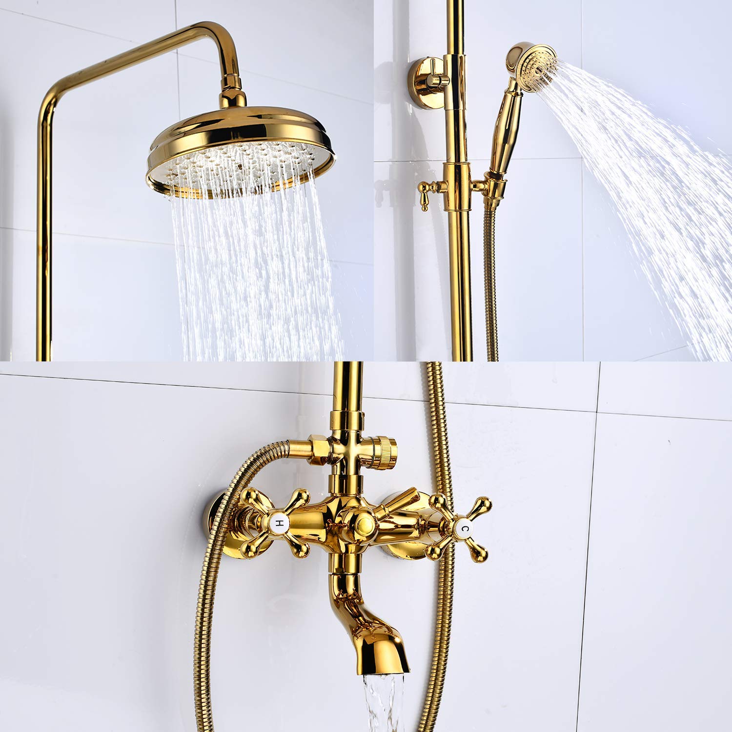 Luxury 8 Inch Gold Polished Rainfall Shower Head System with 2 Cross Knobs & 12 Inch Extension Tube - Premium Bathroom Faucet Kit for Spa-Like Shower Experience