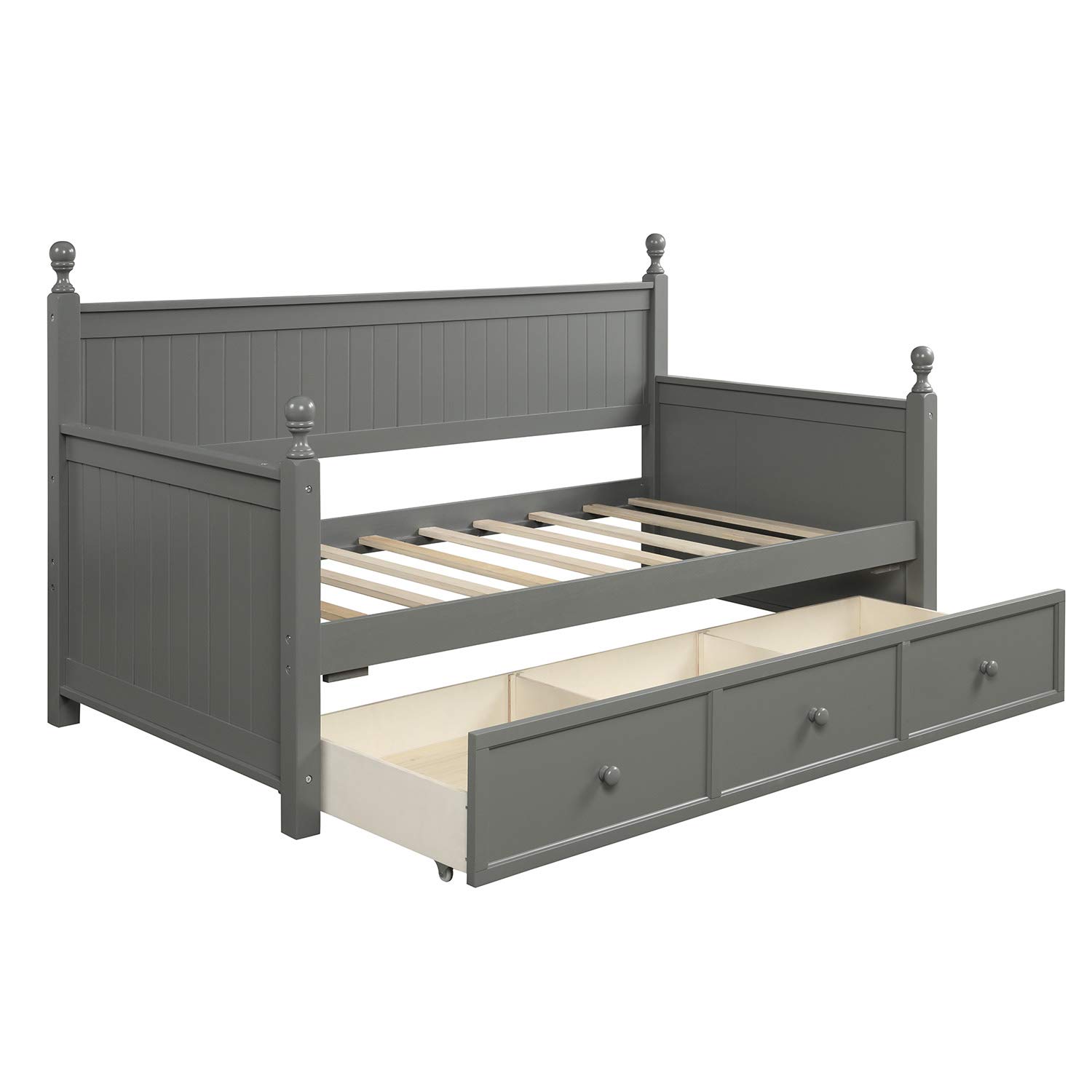SOFTSEA Modern Twin Daybed with Storage Drawers - Sturdy Wood Bed Frame with Backrest & Mattress Foundation for Kids, Teens & Adults - Space-Saving Gray Daybed for Guest Rooms, Dormitories & Small Apartments