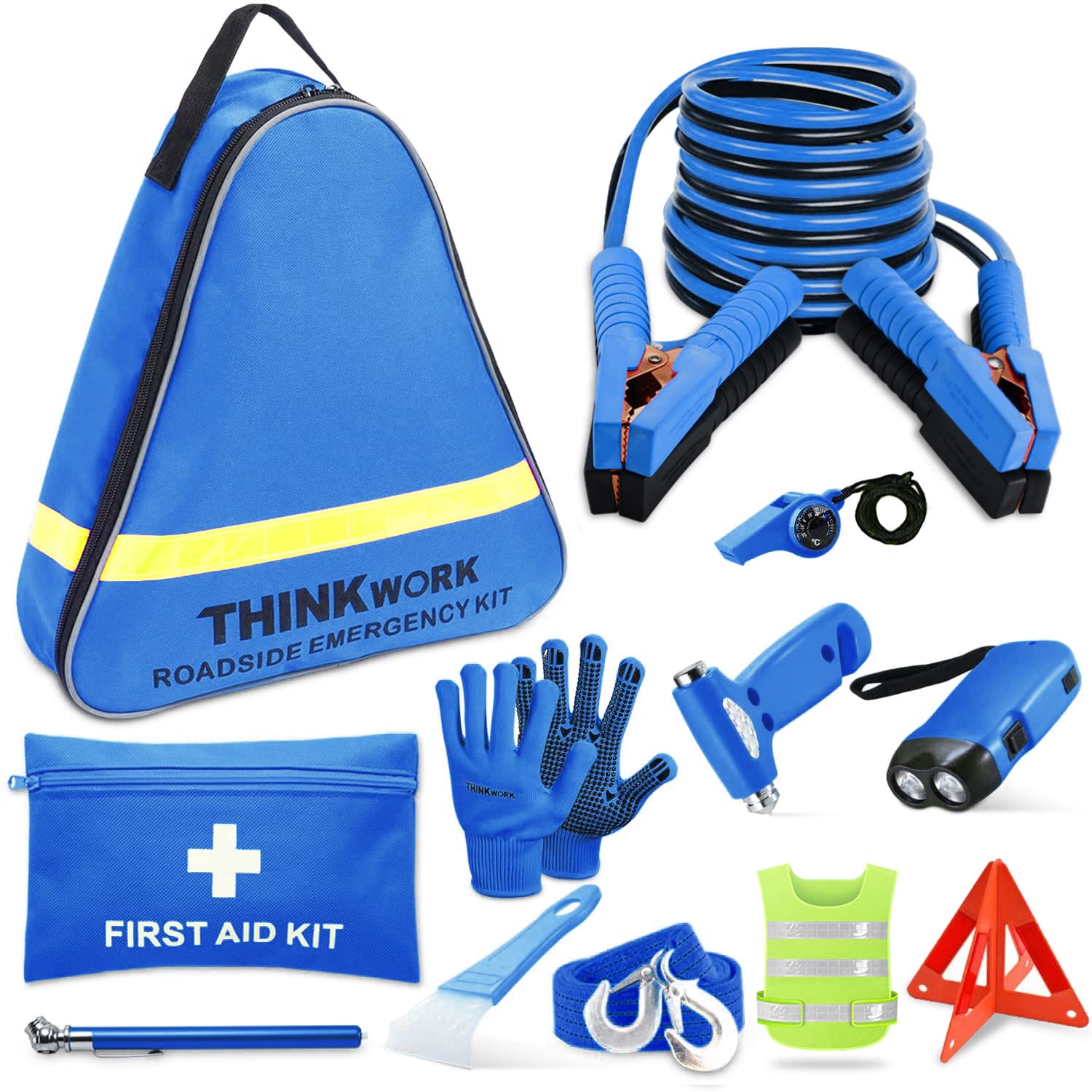 THINKWORK Car Emergency Kit for Men & Teens - 10FT Jumper Cables, First Aid Kit, Safety Hammer, Tow Rope - Essential Roadside Assistance Tools | Perfect Gift for Drivers & Car Enthusiasts | Ideal for Road Trips, Commuting & Vehicle Safety