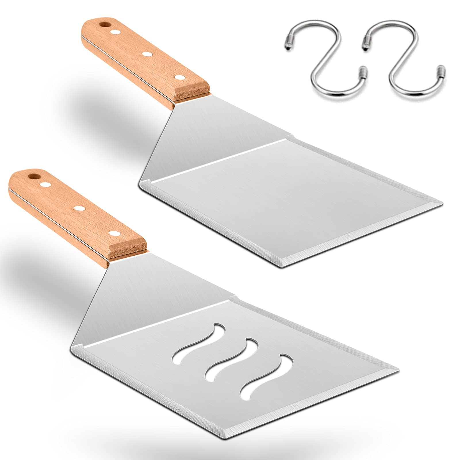 HaSteeL Professional 2-Piece Wooden & Metal Spatula Set - Large Griddle Turner, Hamburger Flipper & Pancake Spatula for Teppanyaki, BBQ, Flat Top Grilling - Perfect for Indoor & Outdoor Kitchen Cooking (Grill, Camping, Backyard Parties)