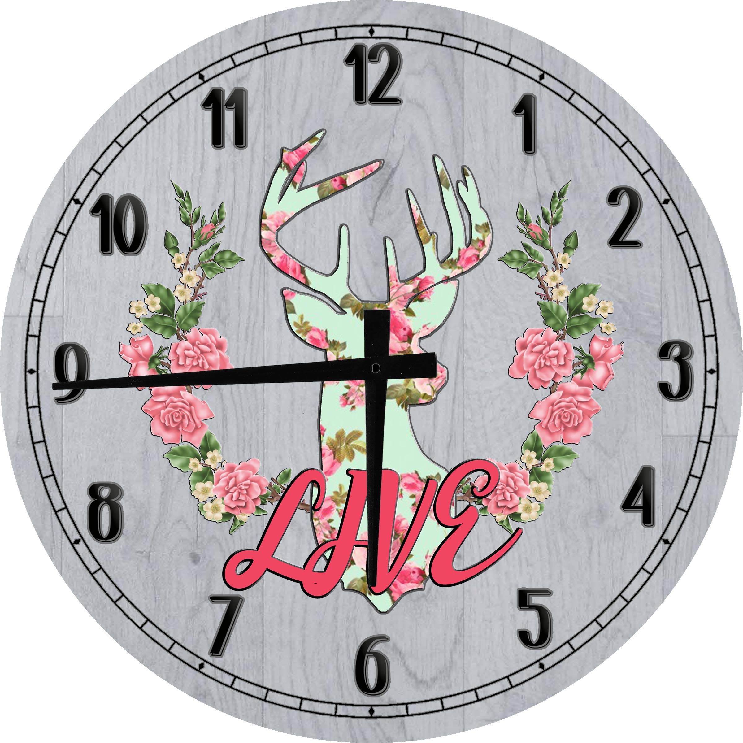Boho Wall Art Decor - 18 Inch Large Round Wood Wall Clock with Deer, Flower & Reef Design in Gray - Perfect for Living Room, Bedroom & Boho Home Decor