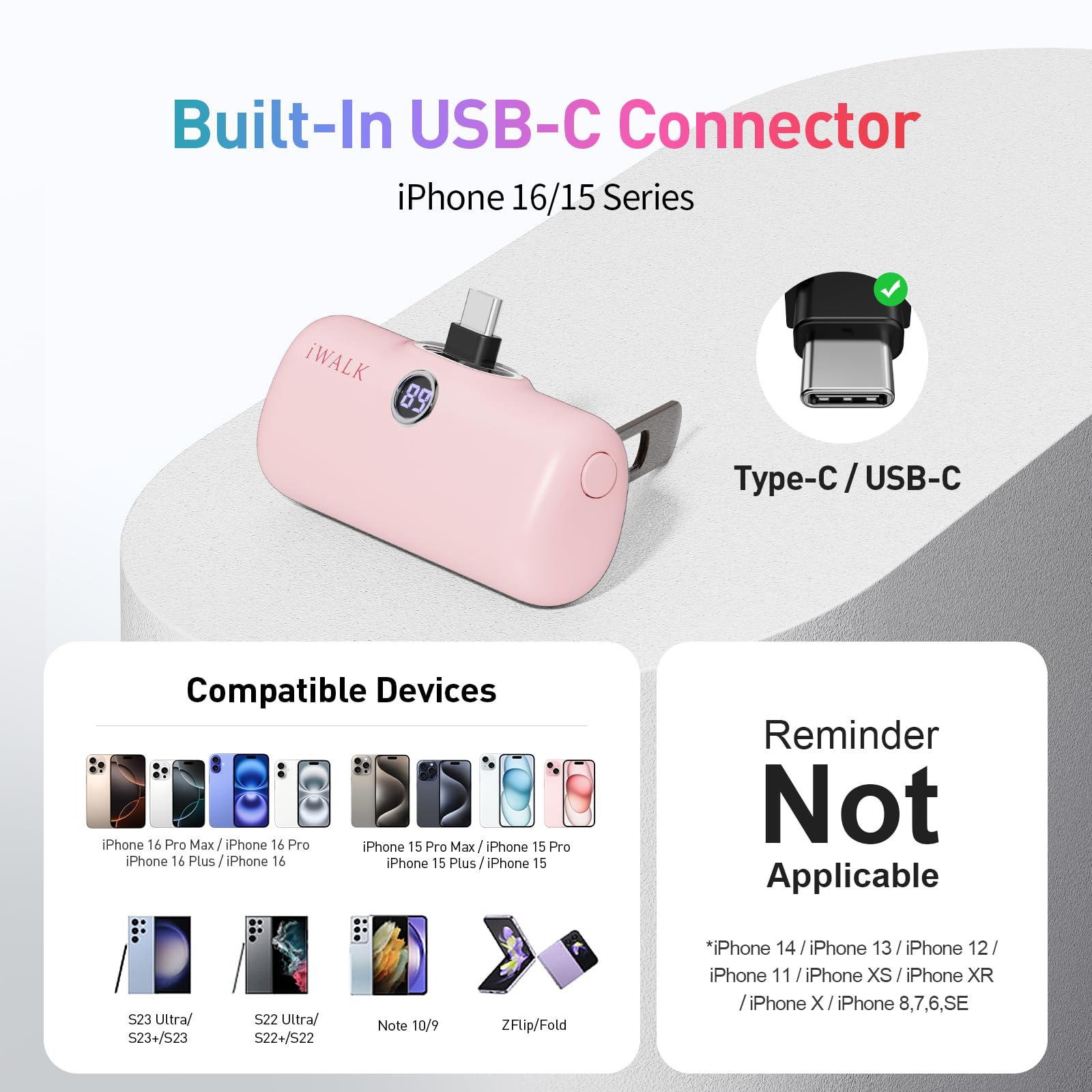 iWALK Small Portable Charger 5000mAh - 20W PD Fast Charging USB-C Power Bank with LED Display | Compatible with iPhone 16/15/15 Plus/15 Pro/15 Pro Max & Samsung | Pink - Perfect for Travel, Work, and Outdoor Adventures