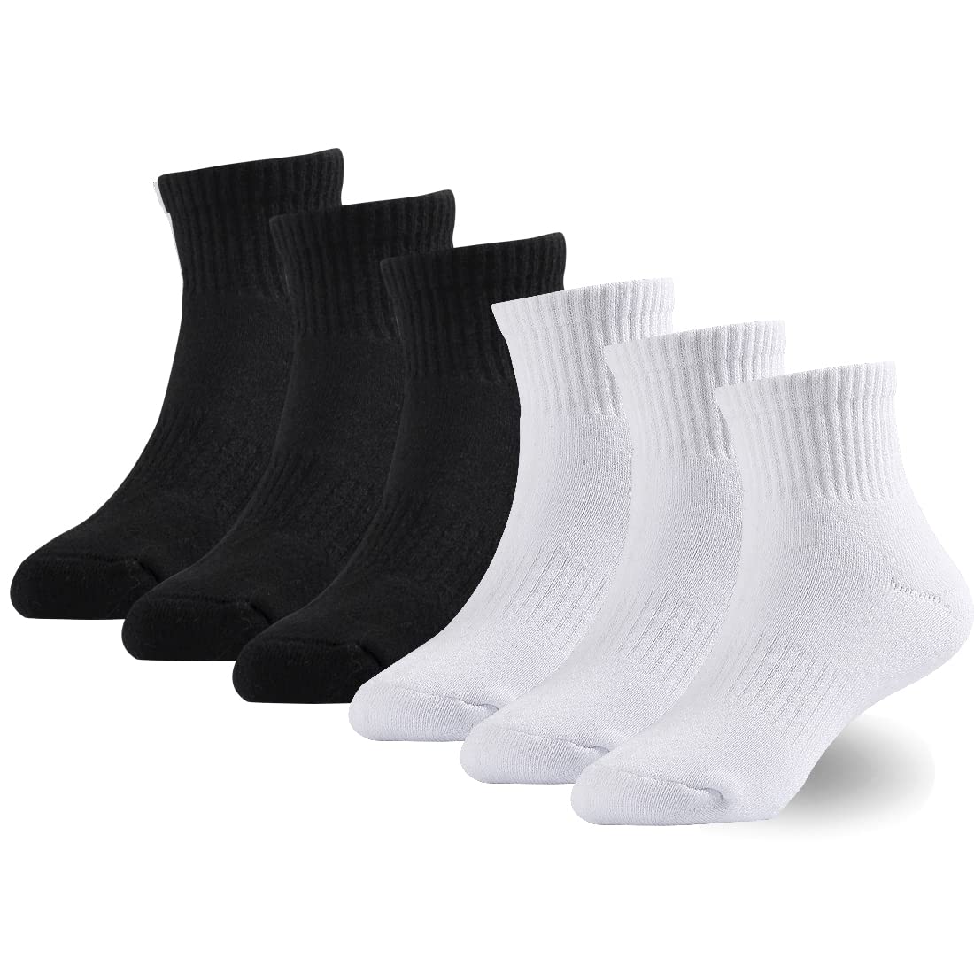 Marchare Boys & Girls Athletic Running Socks - 6 Pack Cushioned Crew Socks for Kids (Black/White/Grey) | Thick Cotton Sports Socks for School, Gym & Daily Activities