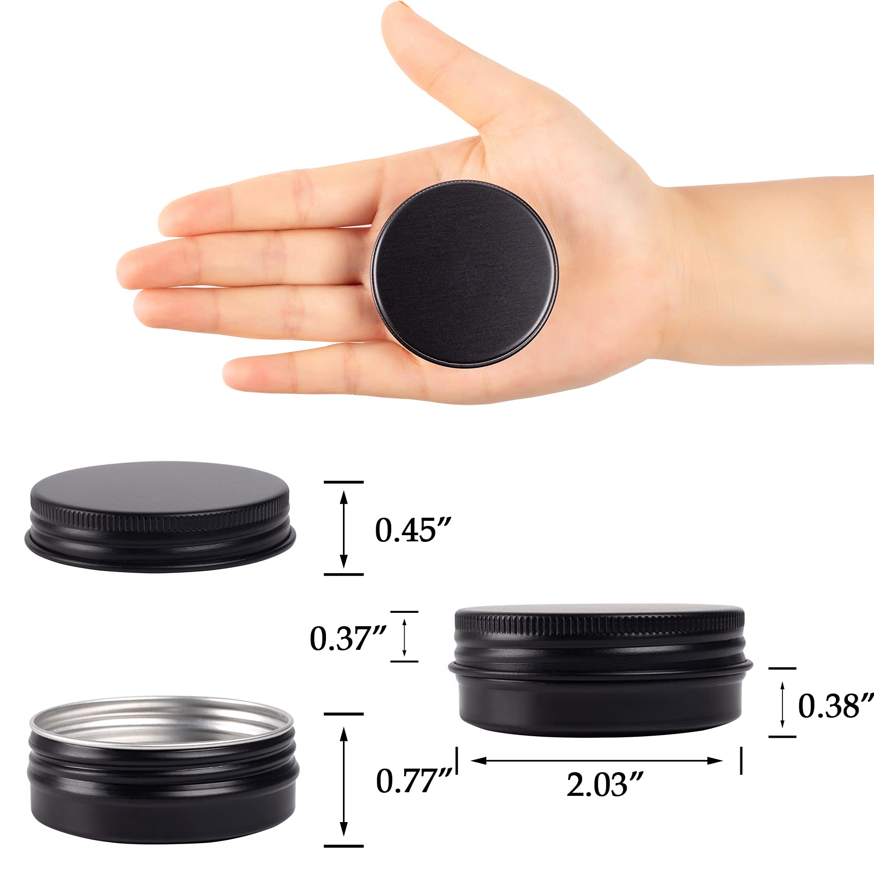 1 oz / 30ml Bulk Packaging Screw Top Aluminum Tin Jar with Airtight Lid & Blank Labels - Perfect for DIY Crafts, Essential Oils, Salves, and Travel-Sized Cosmetics (Black)