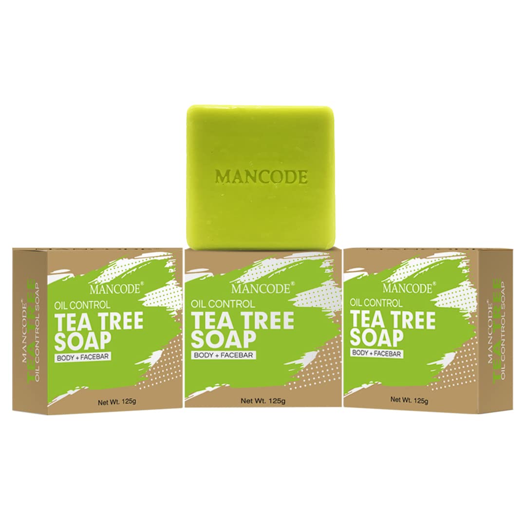 MAN CODE Tea Tree Antibacterial Soap Bar - 125g | Natural Ayurvedic Formula with Essential Oils | Premium Herbal Bath Soap for Men | Pack of 3 | Deep Cleansing for Acne, Body Odor & Skin Irritation | Perfect for Gym, Travel & Daily Shower Routine