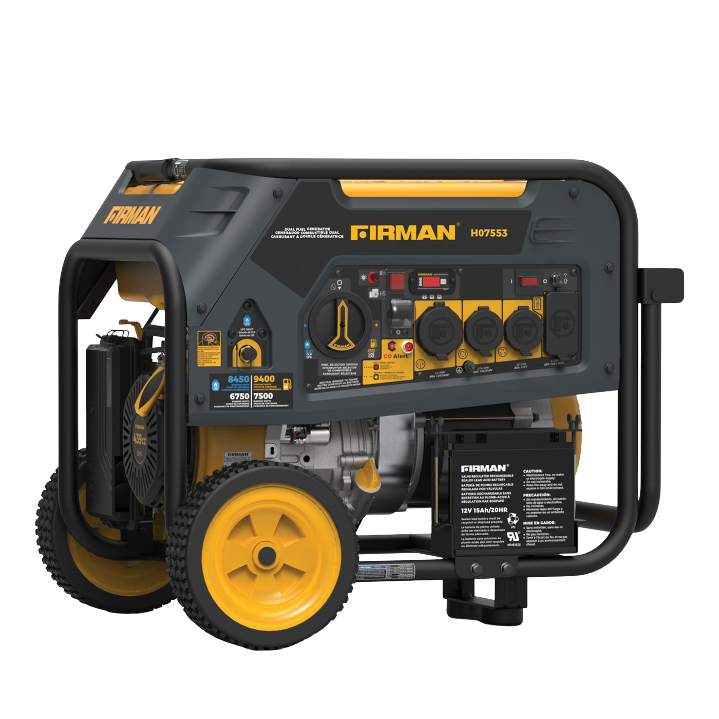 Firman H07553 Hybrid 7500W/9400W Dual Fuel Portable Generator with Electric Start - Gas & Propane Powered for Home Backup, Camping, Job Sites, and Emergency Power Supply