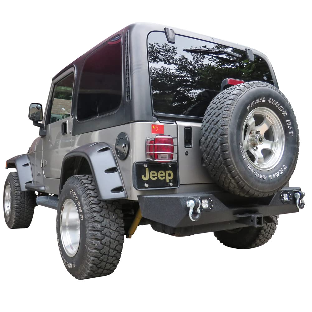 Wrangler Rear Bumper for 87-06 Jeep Wrangler TJ & YJ - Heavy Duty Winch Plate, 2x24W LED Lights & 2.75T D-Rings | Off-Road Adventure & Truck Protection Accessory