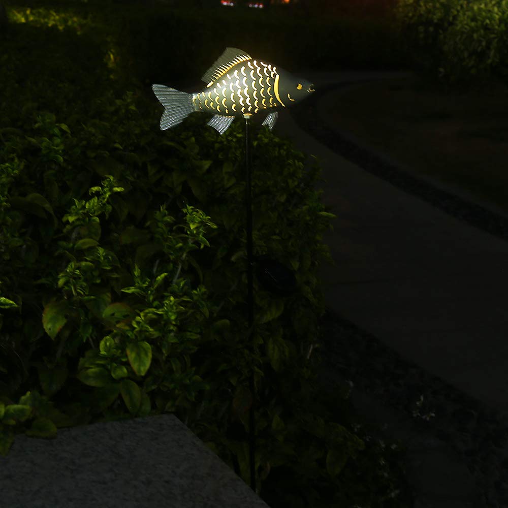 KAIXOXIN Solar Garden Lights - Metal Fish Decorative Stake Outdoor Solar Lights for Patio, Yard, Pathway - Warm White LED Solar Powered Landscape Lighting (Silver, 1-Pack) - Perfect for Garden Decor, Walkway Illumination, and Backyard Ambiance
