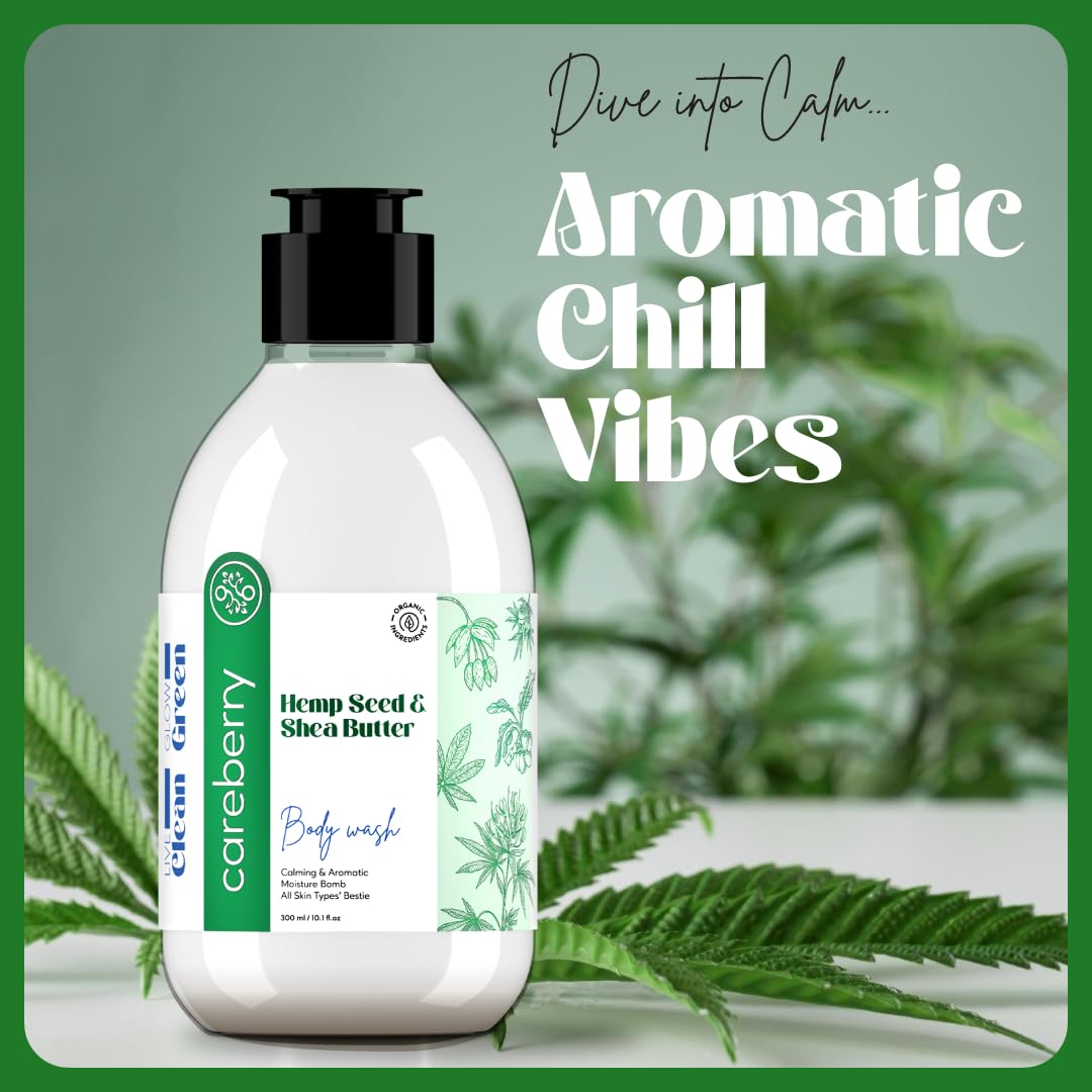 Careberry Hemp Seed Oil & Shea Butter Body Wash - Sulfate & Paraben Free, Ayurvedic Certified, 300ml | Daily Moisturizing for Dry Skin, Perfect for Shower & Bath Routine