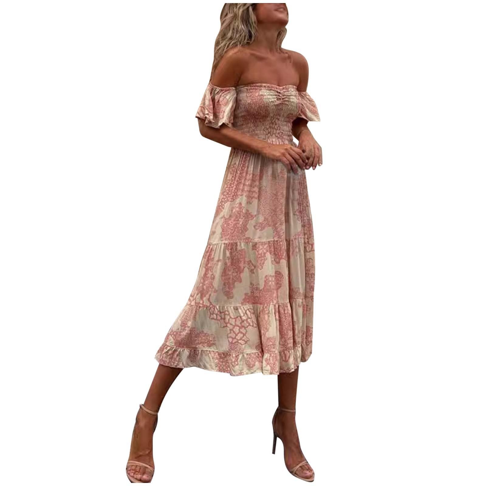 Women's Casual Summer Off Shoulder Maxi Dress - Floral Boho Bridesmaid Dress for Beach Wedding, Vacation & Outdoor Parties