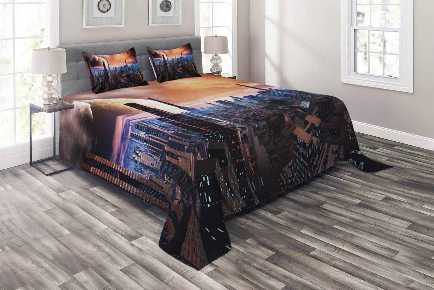 Ambesonne Futuristic Cityscape Quilt Set - 3-Piece King Size Bedspread with 2 Pillow Shams | Sci-Fi Inspired Distant World Design with Planets | Orange, Blue & Cinnamon Colors | Perfect for Space-Themed Bedrooms & Sci-Fi Decor