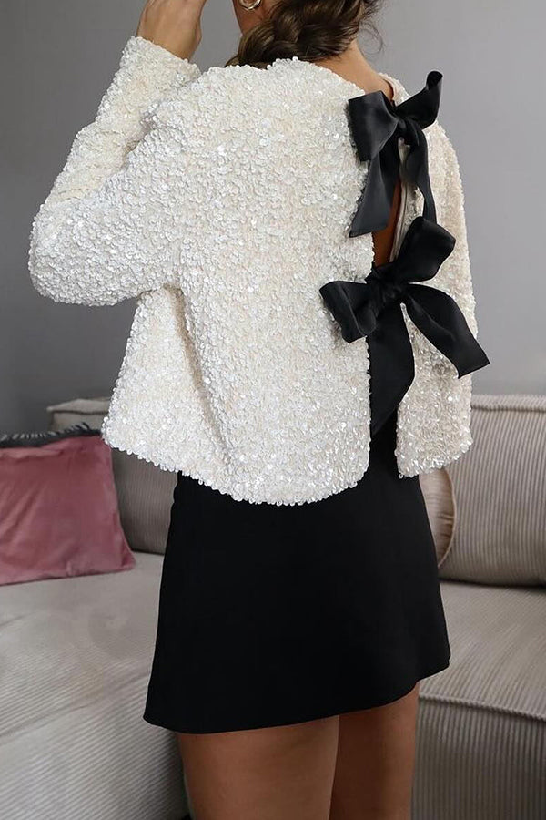 Elegant Tie-Front Bow Sequined Jacket for Women - Perfect for Parties & Date Nights | Two-Way Styling Options