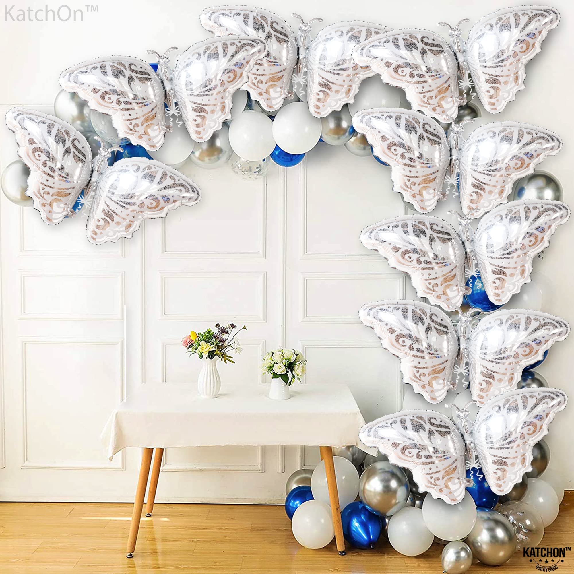 KatchOn 38 Inch Big Silver Butterfly Balloons - Pack of 12 | Foil Butterfly Party Decorations for Birthday, Baby Shower & Girls Events | Elegant Wedding, Bridal Shower & Gender Reveal Party Decor