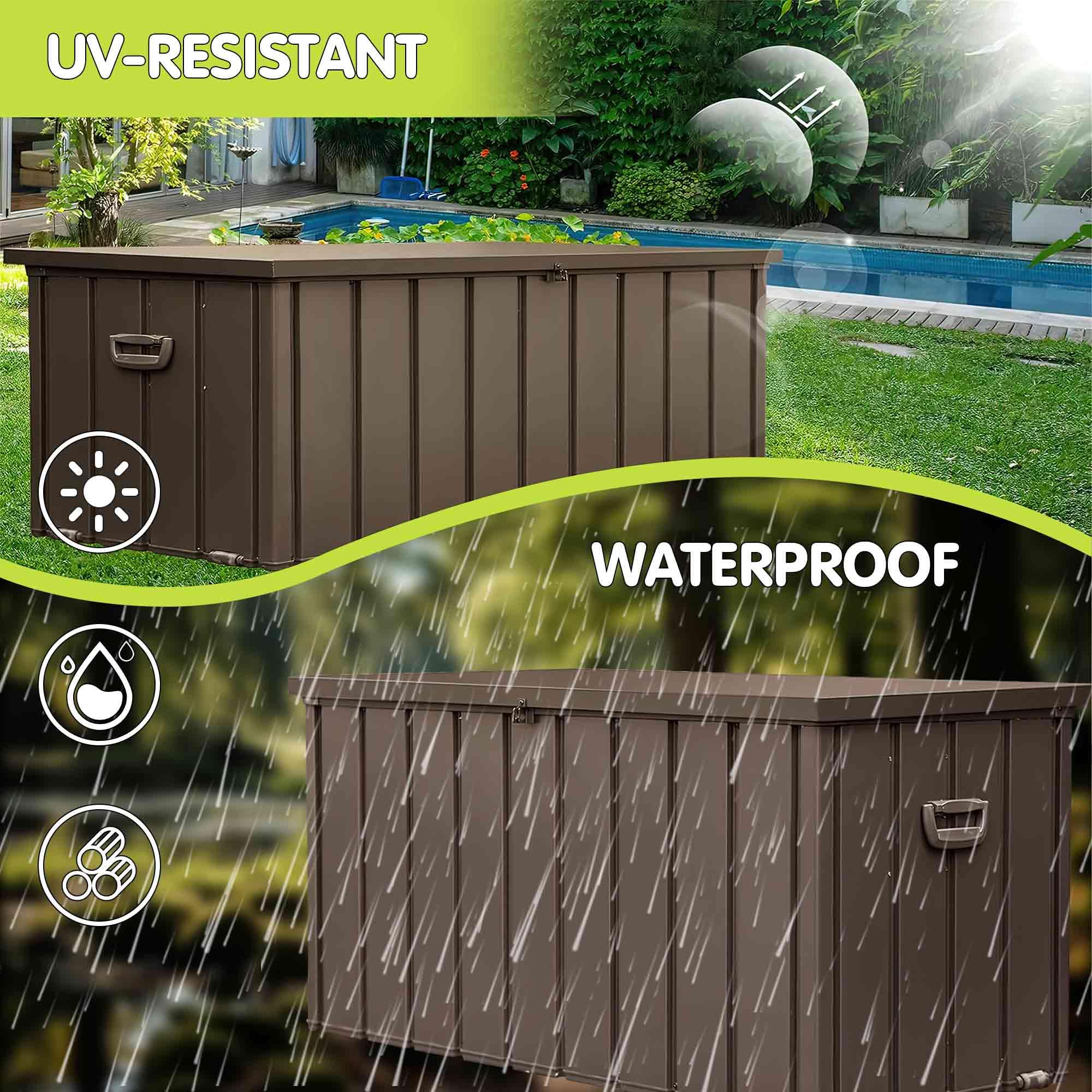 WIIS' IDEA 150 Gallon Outdoor Storage Deck Box with Lockable Lid & Wheels - Waterproof Large Patio Furniture Storage Container for Garden Tools, Pool Supplies, Cushions & Outdoor Equipment (Brown) - Perfect for Backyard, Deck, Poolside & Garage Organization