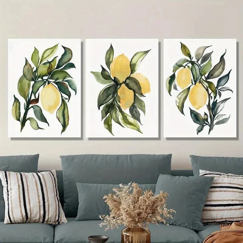 3-Piece Botanical Fruit Illustrations with Green Leaf - Metal Wall Art Prints Ready to Hang - Perfect for Kitchen, Dining Room & Home Decor