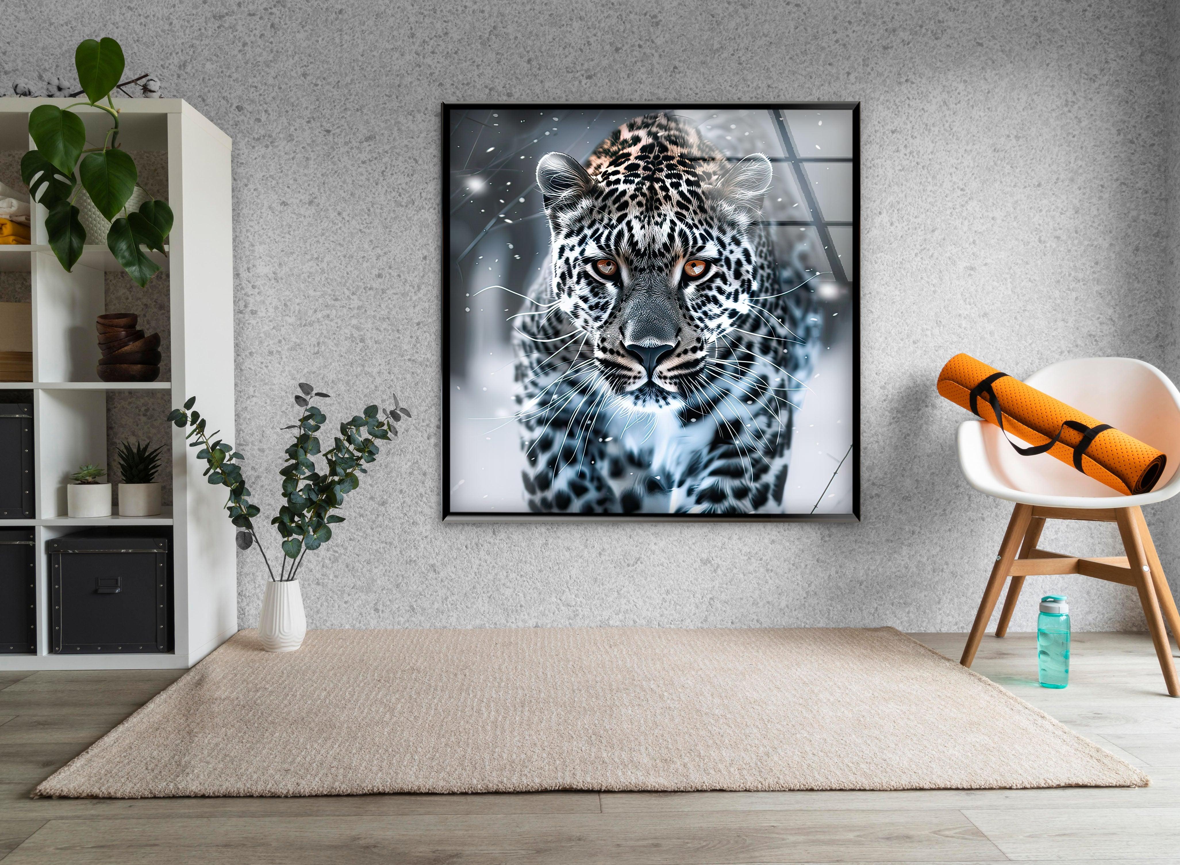 Black and White Leopard Glass Wall Art - Modern Home Decor for Living Room, Bedroom & Office - Elegant Abstract Animal Print Wall Hanging