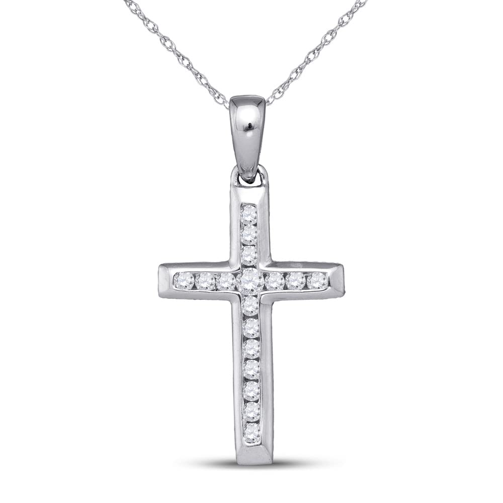 10K White Gold Women's Round Diamond Small Cross Pendant Necklace - 1/8 Cttw, Elegant Religious Jewelry Gift for Baptism, Confirmation & Everyday Wear
