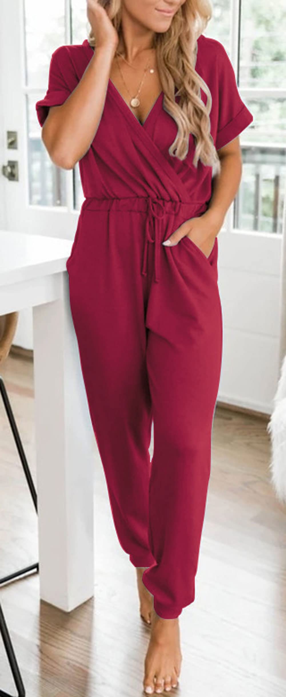 CHARTOU Women's Summer Casual V-Neck Lounge Jumpsuit - Short Sleeve Romper with Pockets | Perfect for Beach Vacation, Yoga, and Home Relaxation