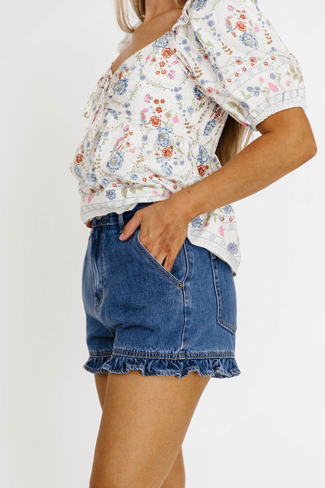 Kalani Women's Denim Ruffled Hem Shorts - Stylish High Waist Distressed Jean Shorts for Summer, Casual Outfits & Beach Vacations